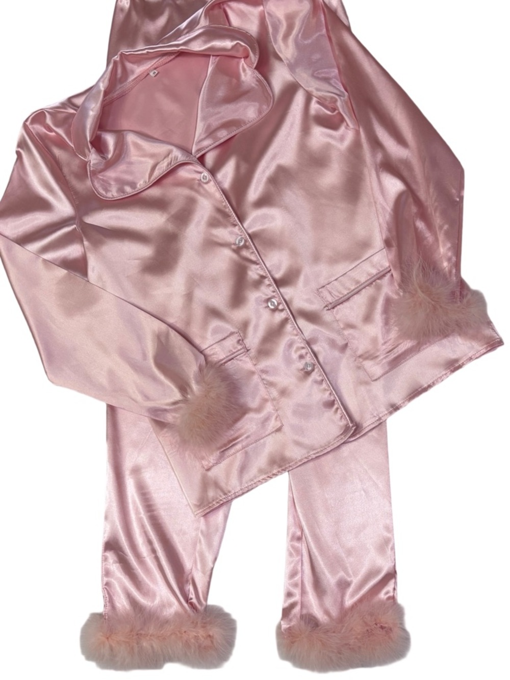 Romantic Pink Satin Pajama Set with Feather Trim S